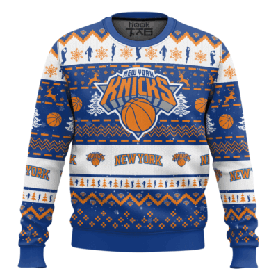 Hooktab NBA New York Knicks Custom Name And Number Ugly Christmas Sweater
