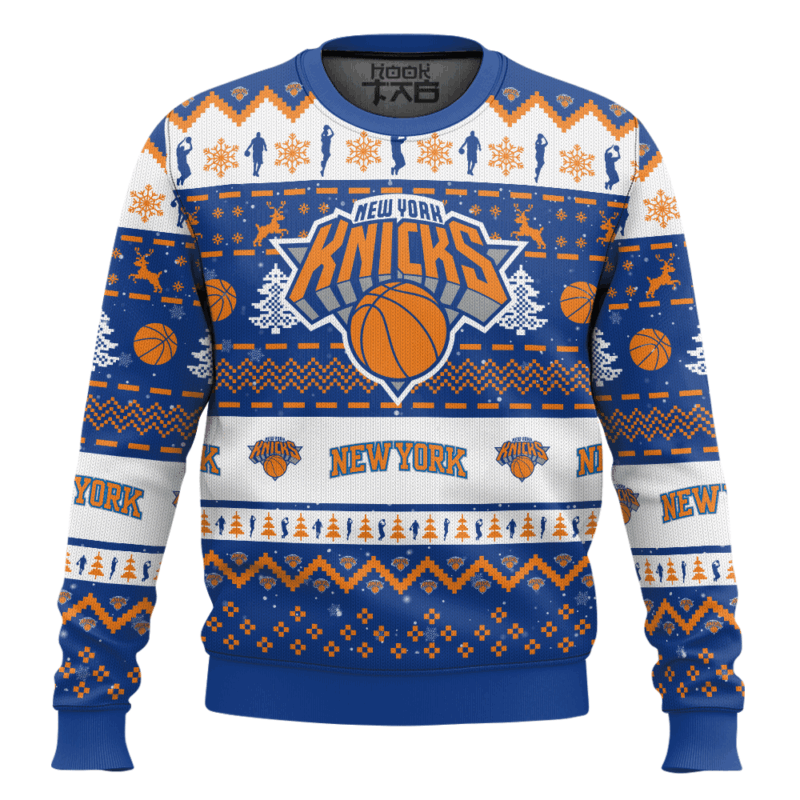 Hooktab NBA New York Knicks Custom Name And Number Ugly Christmas Sweater