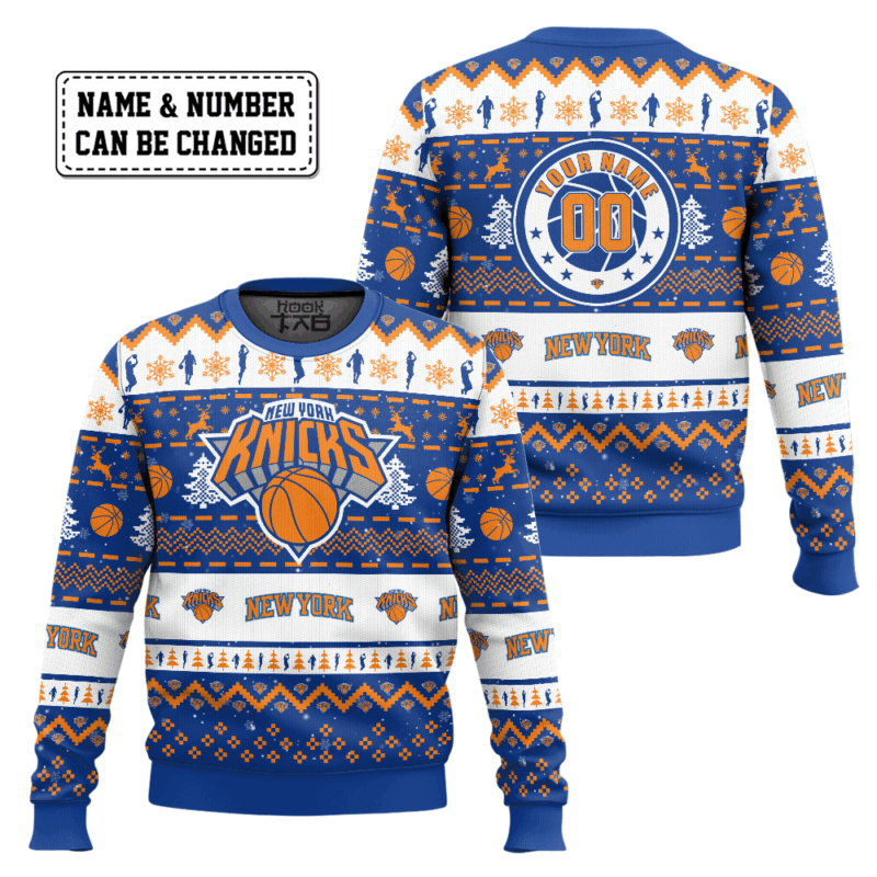 Hooktab NBA New York Knicks Custom Name And Number Ugly Christmas Sweater Hooktab NBA New York Knicks Custom Name And Number Ugly Christmas Sweater