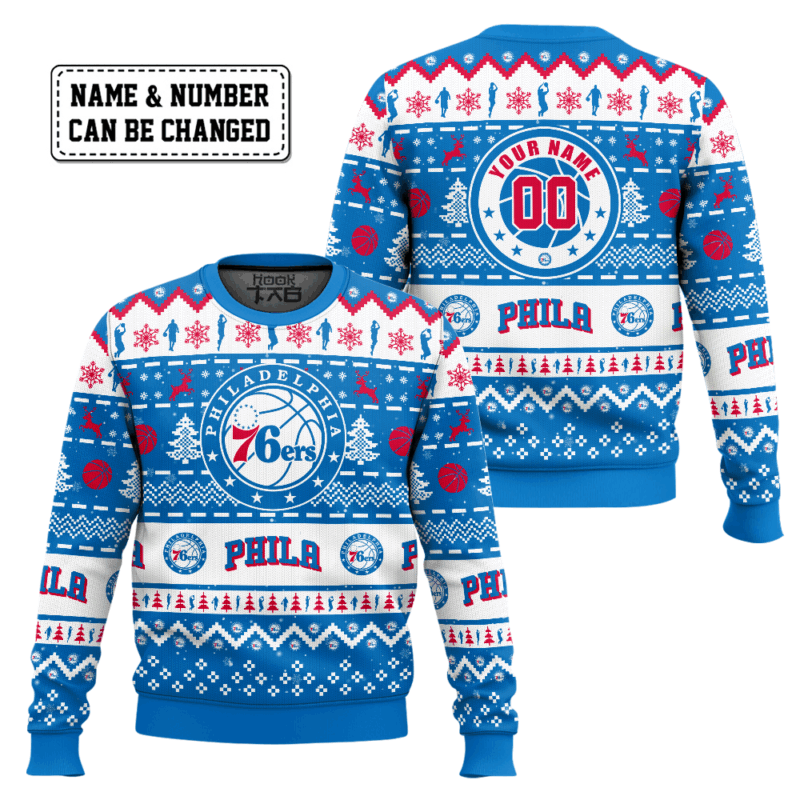 Hooktab NBA Philadelphia 76ers Custom Name And Number Ugly Christmas Sweater Hooktab NBA Philadelphia 76ers Custom Name And Number Ugly Christmas Sweater