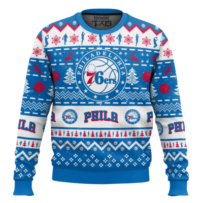 Hooktab NBA Philadelphia 76ers Custom Name And Number Ugly Christmas Sweater