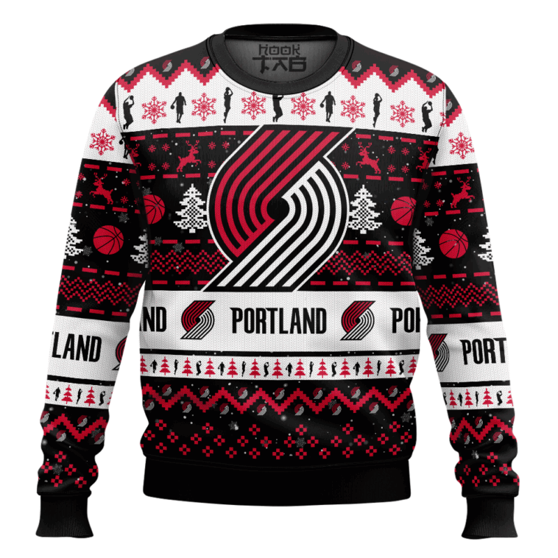 Hooktab NBA Portland Trail Blazers Custom Name And Number Ugly Christmas Sweater