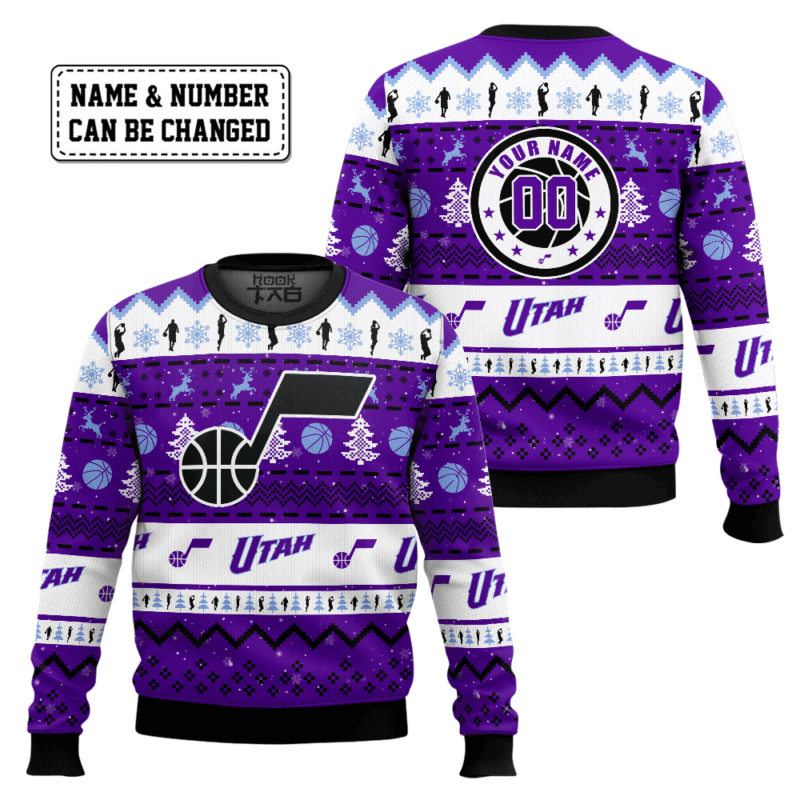 Hooktab NBA Utah Jazz Custom Name And Number Ugly Christmas Sweater Hooktab NBA Utah Jazz Custom Name And Number Ugly Christmas Sweater