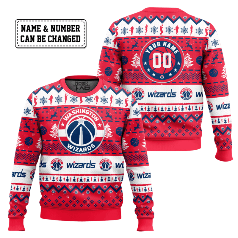 Hooktab NBA Washington Wizards Custom Name And Number Ugly Christmas Sweater Hooktab NBA Washington Wizards Custom Name And Number Ugly Christmas Sweater