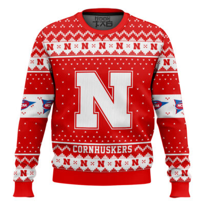 Hooktab Nebraska Cornhuskers - Custom Name And Number Ugly Christmas Sweater