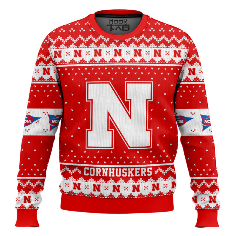 Hooktab Nebraska Cornhuskers - Custom Name And Number Ugly Christmas Sweater