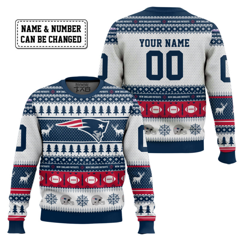 Hooktab New England Patriots - Custom Name And Number Ugly Sweater Hooktab New England Patriots - Custom Name And Number Ugly Sweater