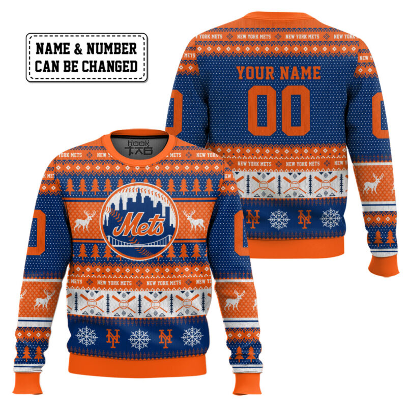 Hooktab New York Mets - Custom Name And Number Ugly Sweater Hooktab New York Mets - Custom Name And Number Ugly Sweater