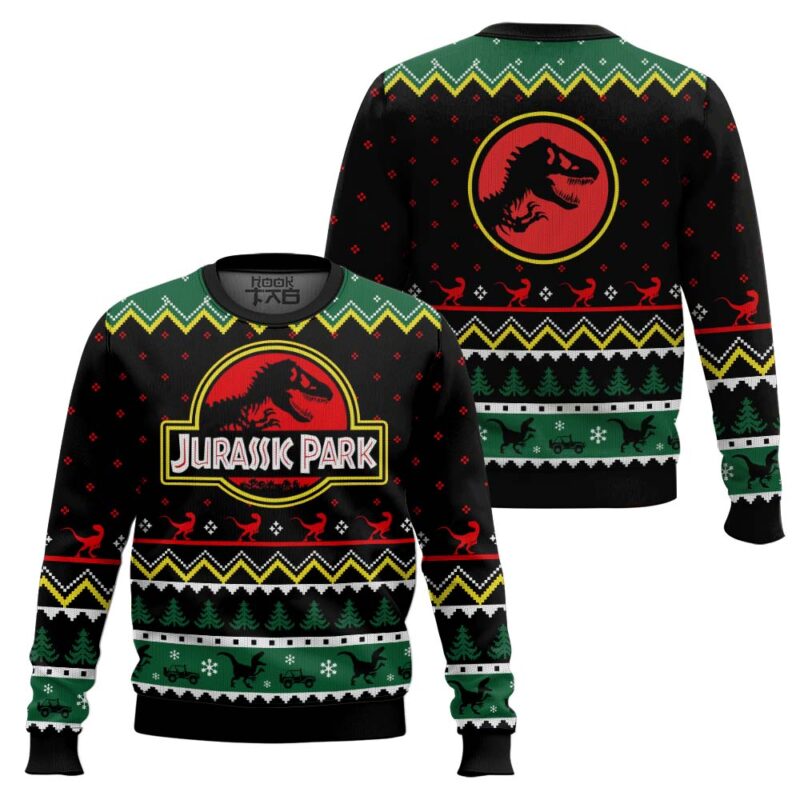 Hooktab Night Gathers Jurassic Park Ugly Christmas Sweater Hooktab Night Gathers Jurassic Park Ugly Christmas Sweater