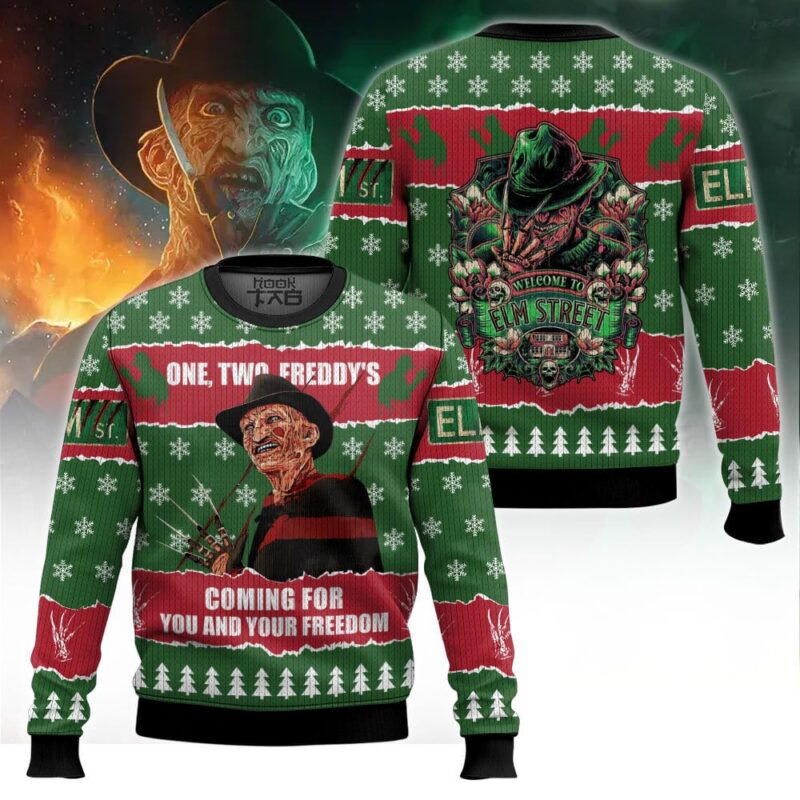 Hooktab One, Two, Freddy’s Coming For You And Your Freedom Ugly Christmas Sweater Hooktab One, Two, Freddy’s Coming For You And Your Freedom Ugly Christmas Sweater