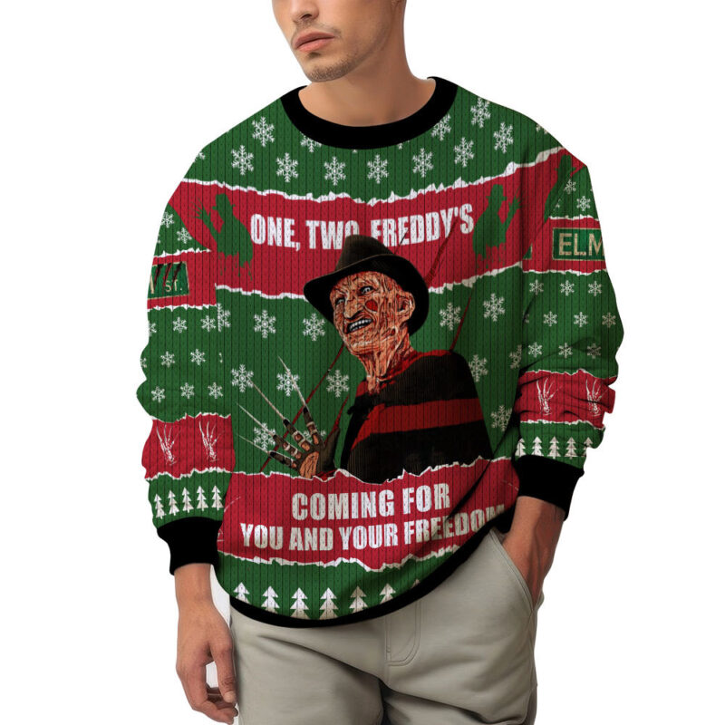 Hooktab One, Two, Freddy’s Coming For You And Your Freedom Ugly Christmas Sweater Hooktab One, Two, Freddy’s Coming For You And Your Freedom Ugly Christmas Sweater