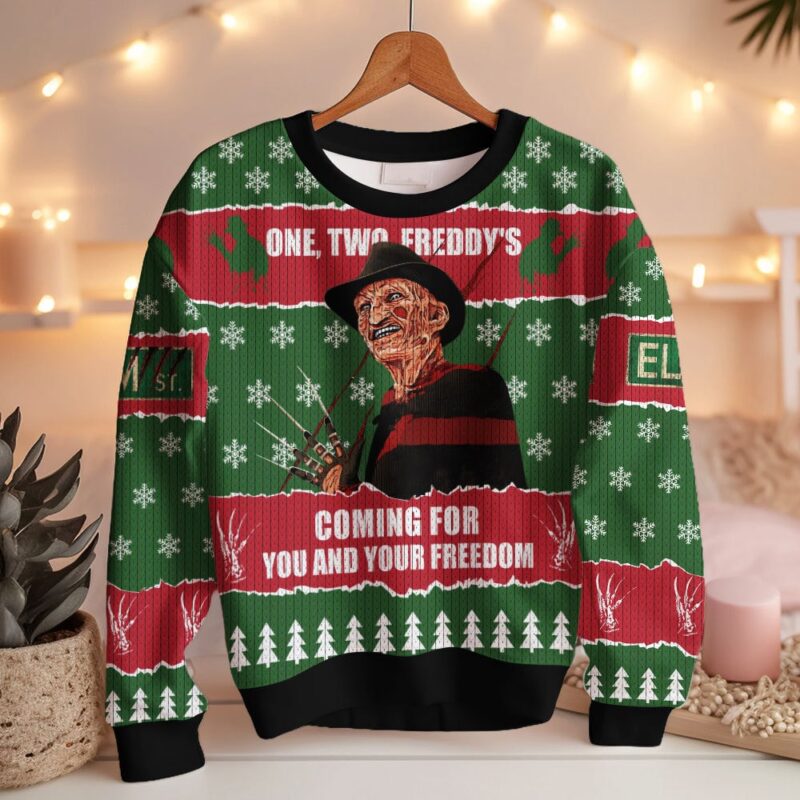Hooktab One, Two, Freddy’s Coming For You And Your Freedom Ugly Christmas Sweater Hooktab One, Two, Freddy’s Coming For You And Your Freedom Ugly Christmas Sweater