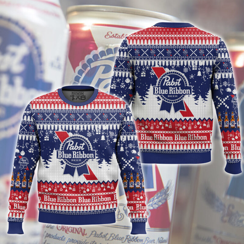 Hooktab Pabst Blue Ribbon Amercian Beer Ugly Christmas Sweater Hooktab Pabst Blue Ribbon Amercian Beer Ugly Christmas Sweater