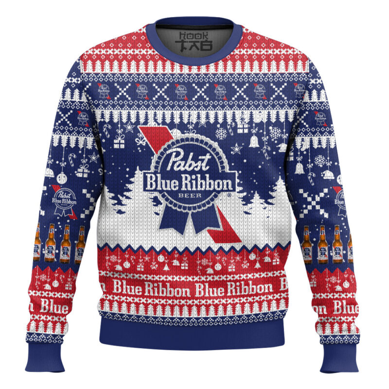 Hooktab Pabst Blue Ribbon Amercian Beer Ugly Christmas Sweater