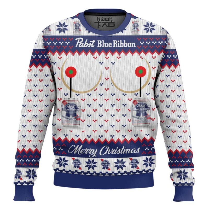 Hooktab Pabst Blue Ribbon American Lager Ugly Christmas Sweater