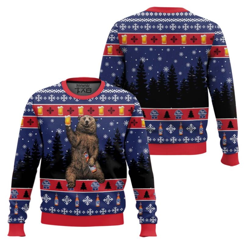 Hooktab Pabst Blue Ribbon Bear Ugly Christmas Sweater Hooktab Pabst Blue Ribbon Bear Ugly Christmas Sweater