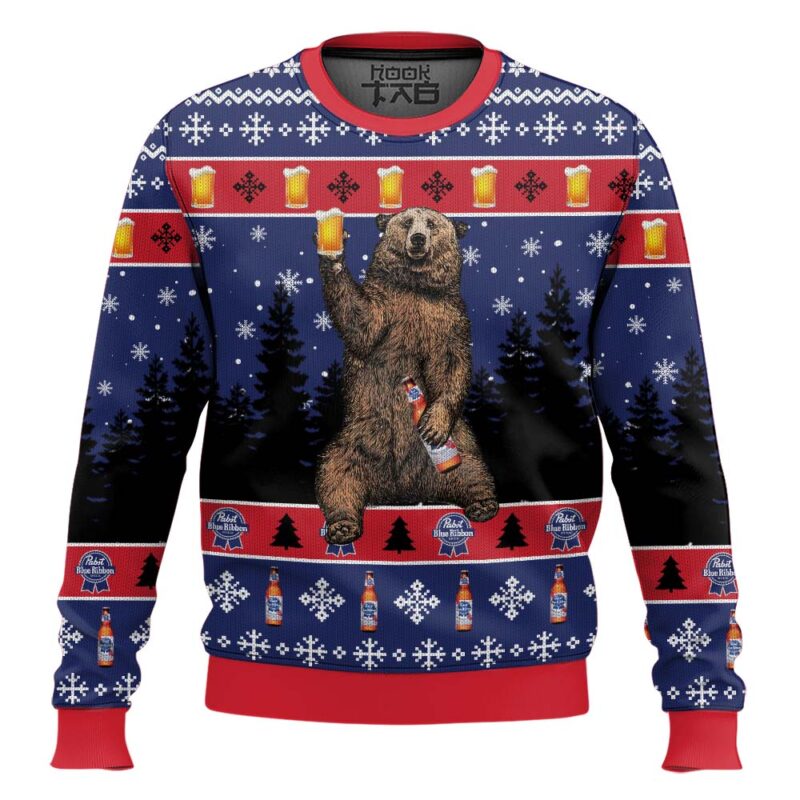 Hooktab Pabst Blue Ribbon Bear Ugly Christmas Sweater