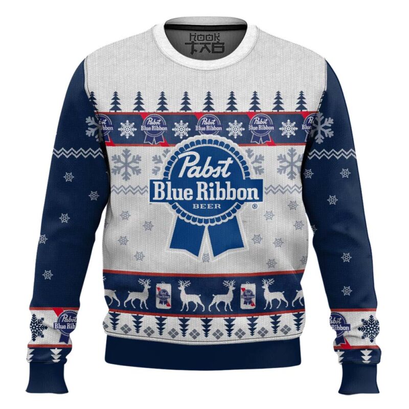 Hooktab Pabst Blue Ribbon Beer Ugly Christmas Sweater