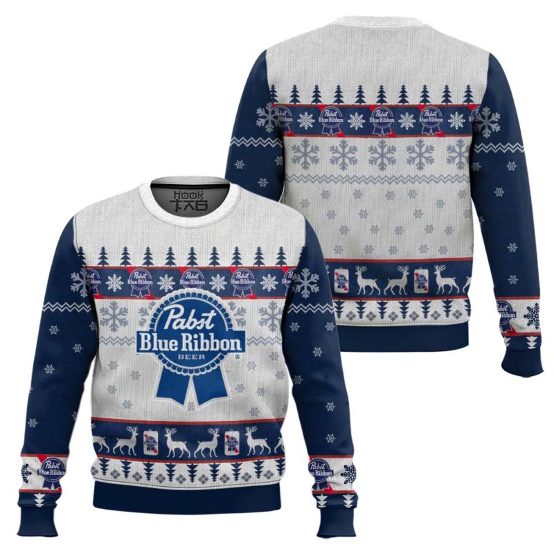 Hooktab Pabst Blue Ribbon Beer Ugly Christmas Sweater Hooktab Pabst Blue Ribbon Beer Ugly Christmas Sweater