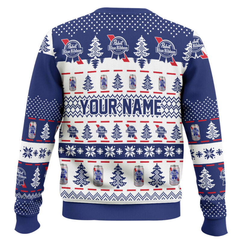 Hooktab Pabst Blue Ribbon Horror Drink - Custom Name Ugly Christmas Sweater Hooktab Pabst Blue Ribbon Horror Drink - Custom Name Ugly Christmas Sweater