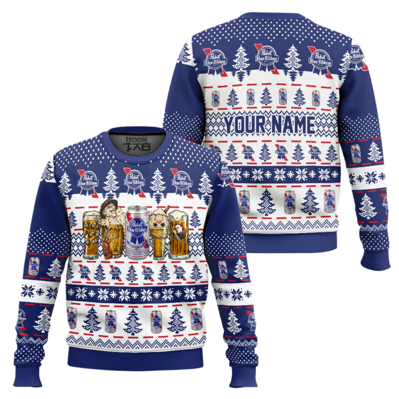 Hooktab Pabst Blue Ribbon Horror Drink - Custom Name Ugly Christmas Sweater Hooktab Pabst Blue Ribbon Horror Drink - Custom Name Ugly Christmas Sweater