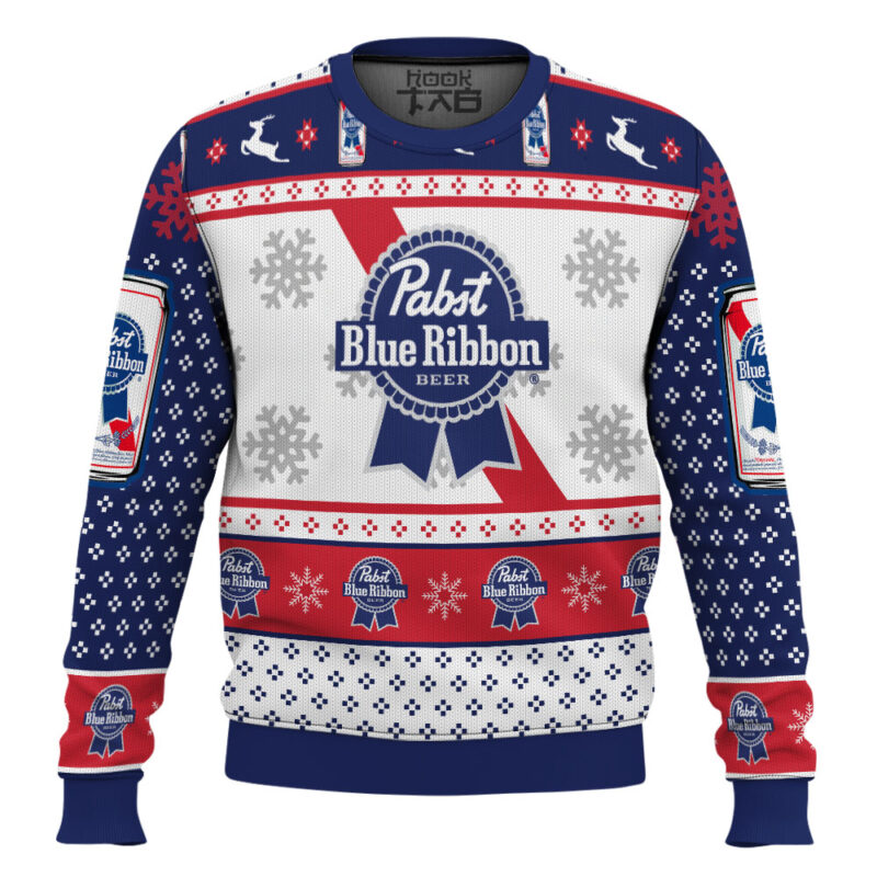 Hooktab Pabst Blue Ribbon Lager Beer Ugly Christmas Sweater