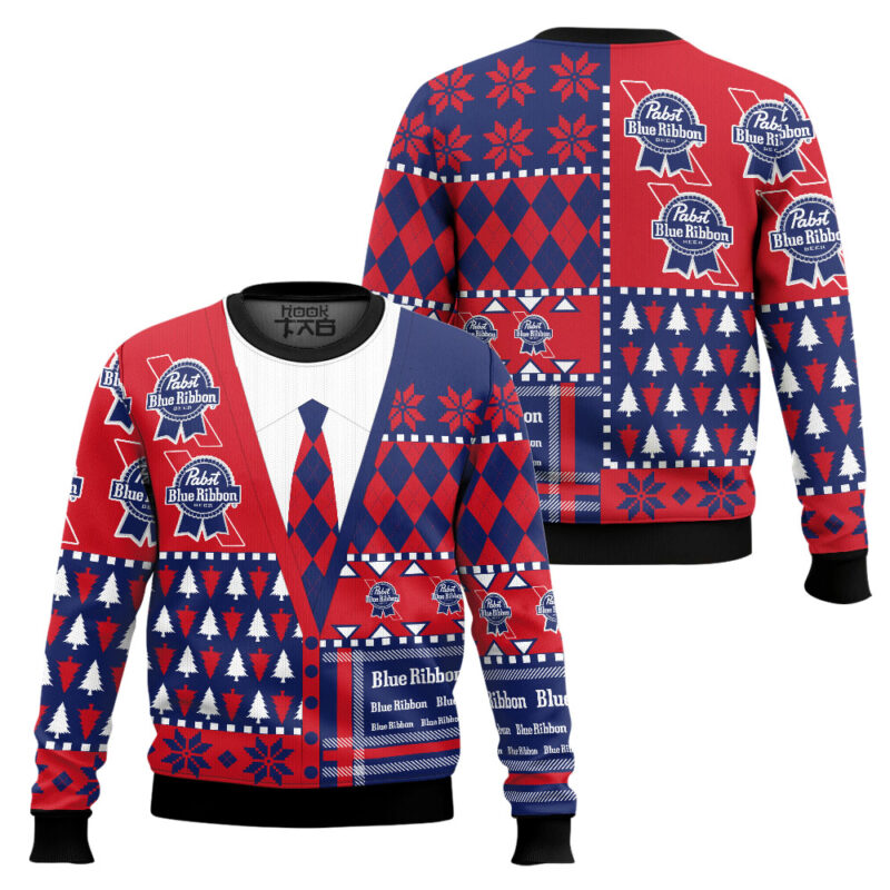 Hooktab Pabst Blue Ribbon Suit And Tie Ugly Christmas Sweater Hooktab Pabst Blue Ribbon Suit And Tie Ugly Christmas Sweater