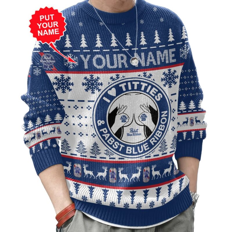 Hooktab Pabst Blue Ribbon Titties Funny - Custom Name Ugly Christmas Sweater Hooktab Pabst Blue Ribbon Titties Funny - Custom Name Ugly Christmas Sweater