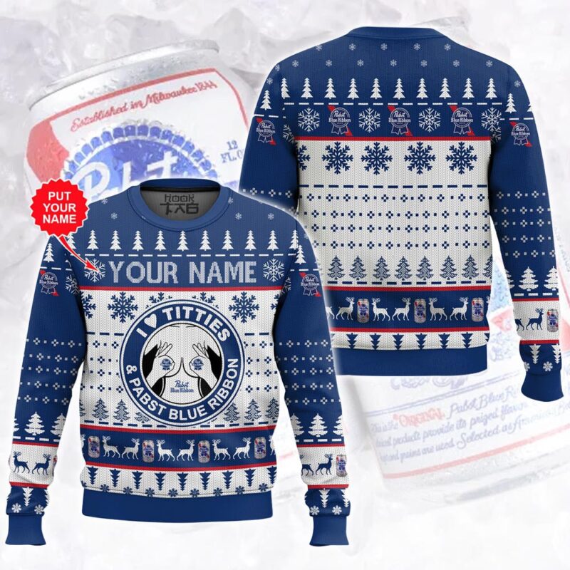 Hooktab Pabst Blue Ribbon Titties Funny - Custom Name Ugly Christmas Sweater Hooktab Pabst Blue Ribbon Titties Funny - Custom Name Ugly Christmas Sweater