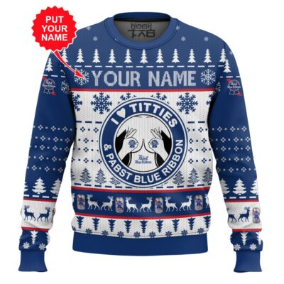 Hooktab Pabst Blue Ribbon Titties Funny - Custom Name Ugly Christmas Sweater