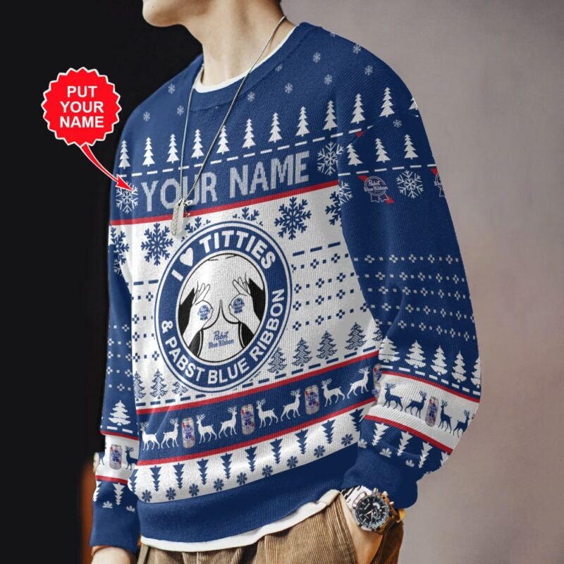 Hooktab Pabst Blue Ribbon Titties Funny - Custom Name Ugly Christmas Sweater Hooktab Pabst Blue Ribbon Titties Funny - Custom Name Ugly Christmas Sweater