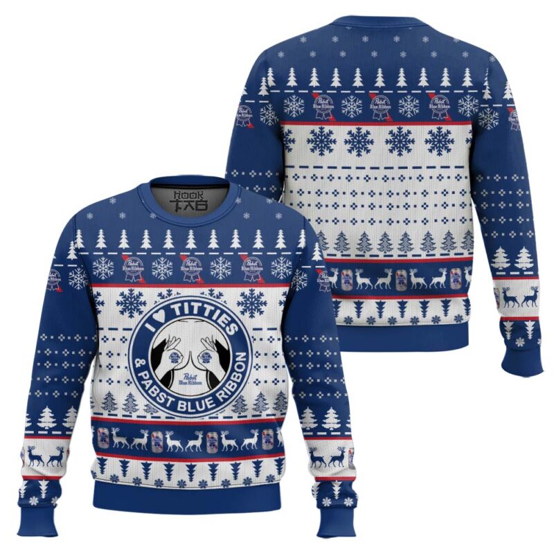 Hooktab Pabst Blue Ribbon Titties Funny Ugly Christmas Sweater Hooktab Pabst Blue Ribbon Titties Funny Ugly Christmas Sweater