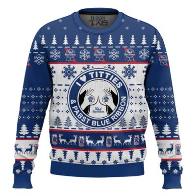 Hooktab Pabst Blue Ribbon Titties Funny Ugly Christmas Sweater