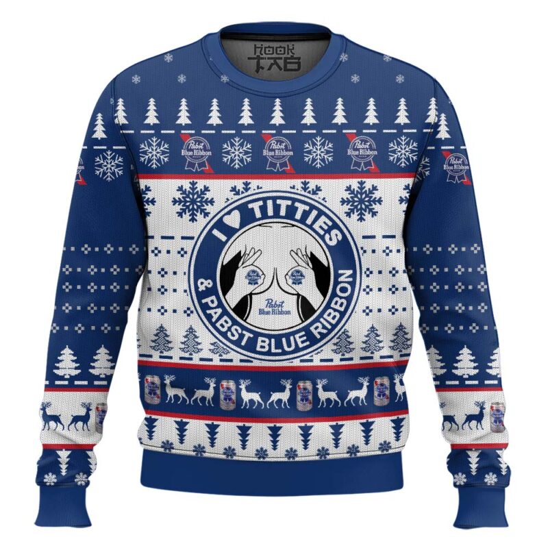 Hooktab Pabst Blue Ribbon Titties Funny Ugly Christmas Sweater