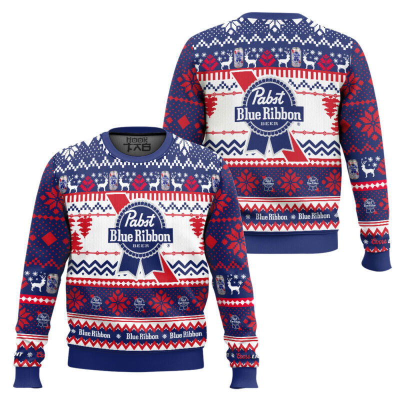 Hooktab Pabst Blue Ribbon Ugly Christmas Sweater Hooktab Pabst Blue Ribbon Ugly Christmas Sweater