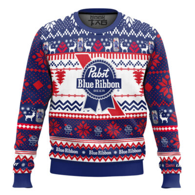 Hooktab Pabst Blue Ribbon Ugly Christmas Sweater