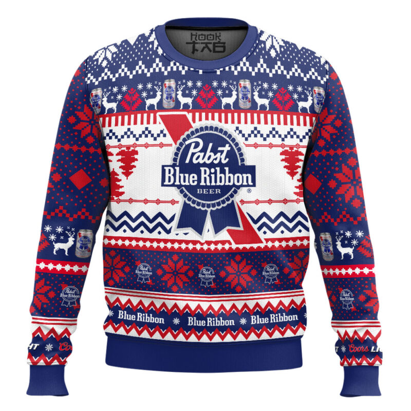 Hooktab Pabst Blue Ribbon Ugly Christmas Sweater