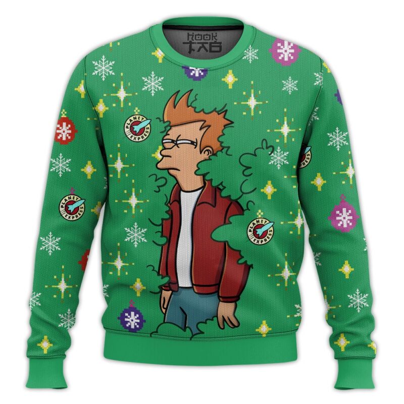 Hooktab Philip J. Fry Emerging From The Bush Futurama Ugly Christmas Sweater