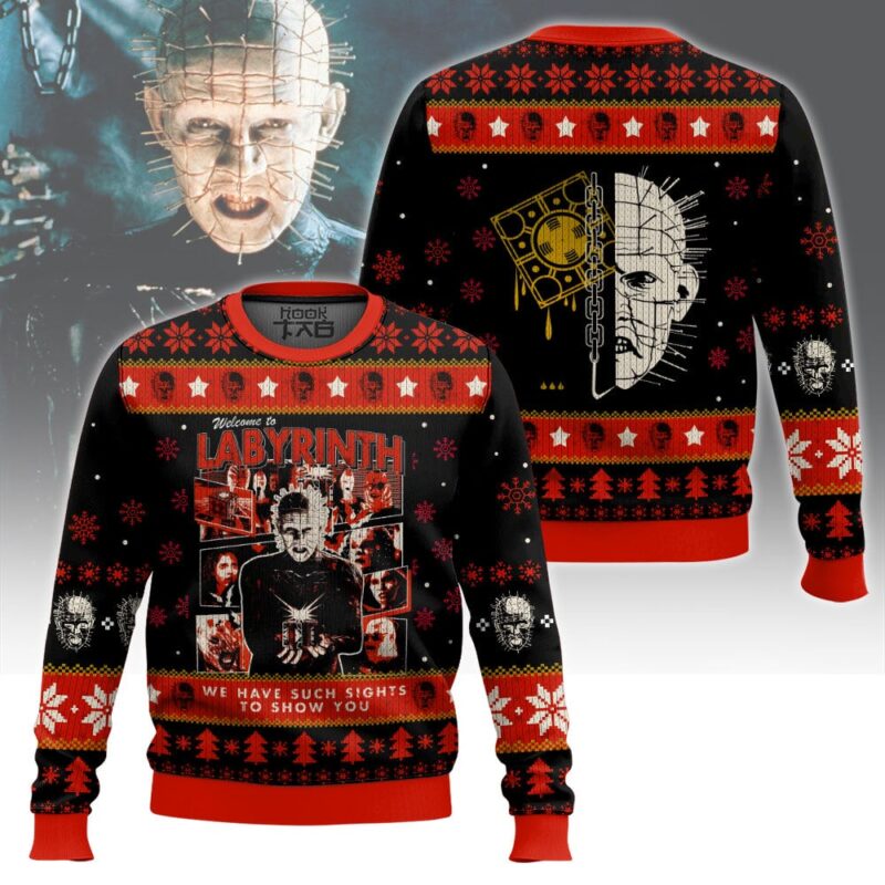 Hooktab Pinhead Welcome To Labyrinth Hellraiser Ugly Christmas Sweater Hooktab Pinhead Welcome To Labyrinth Hellraiser Ugly Christmas Sweater