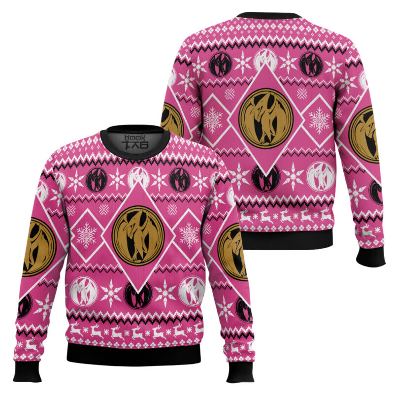 Hooktab Pink Ranger Mighty Morphin Ugly Christmas Sweater Hooktab Pink Ranger Mighty Morphin Ugly Christmas Sweater