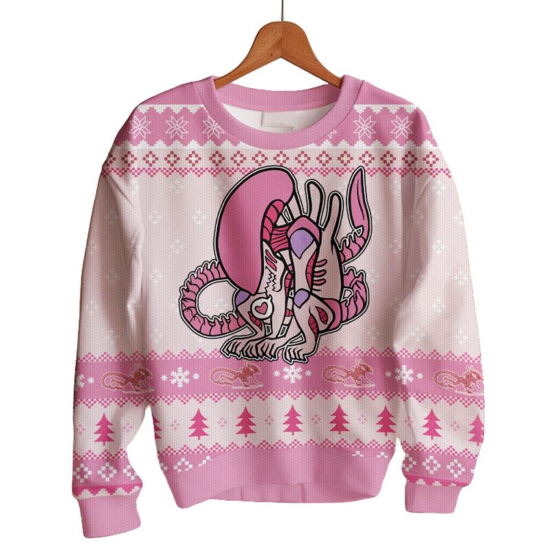 Hooktab Pink Xenomorph Alien Ugly Christmas Sweater Hooktab Pink Xenomorph Alien Ugly Christmas Sweater