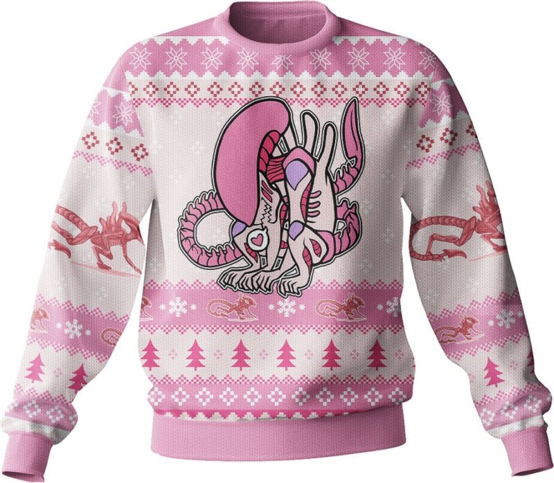 Hooktab Pink Xenomorph Alien Ugly Christmas Sweater Hooktab Pink Xenomorph Alien Ugly Christmas Sweater