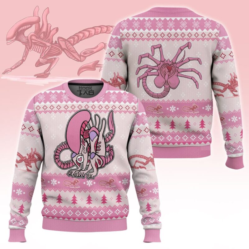 Hooktab Pink Xenomorph Alien Ugly Christmas Sweater Hooktab Pink Xenomorph Alien Ugly Christmas Sweater