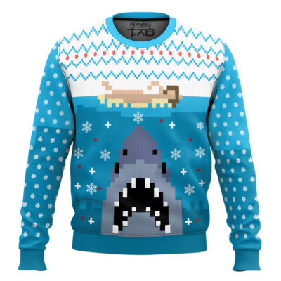Hooktab Pixel Jaws 1975 Ugly Christmas Sweater
