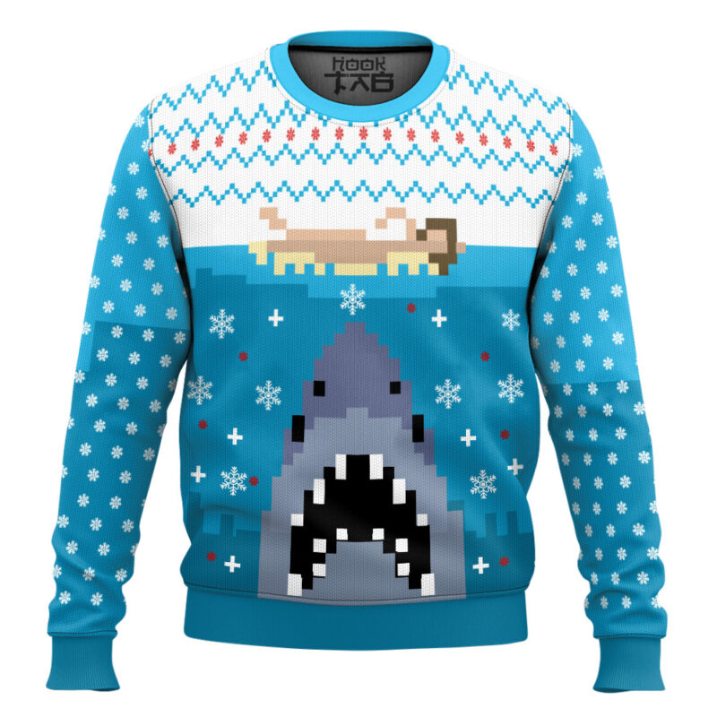 Hooktab Pixel Jaws 1975 Ugly Christmas Sweater