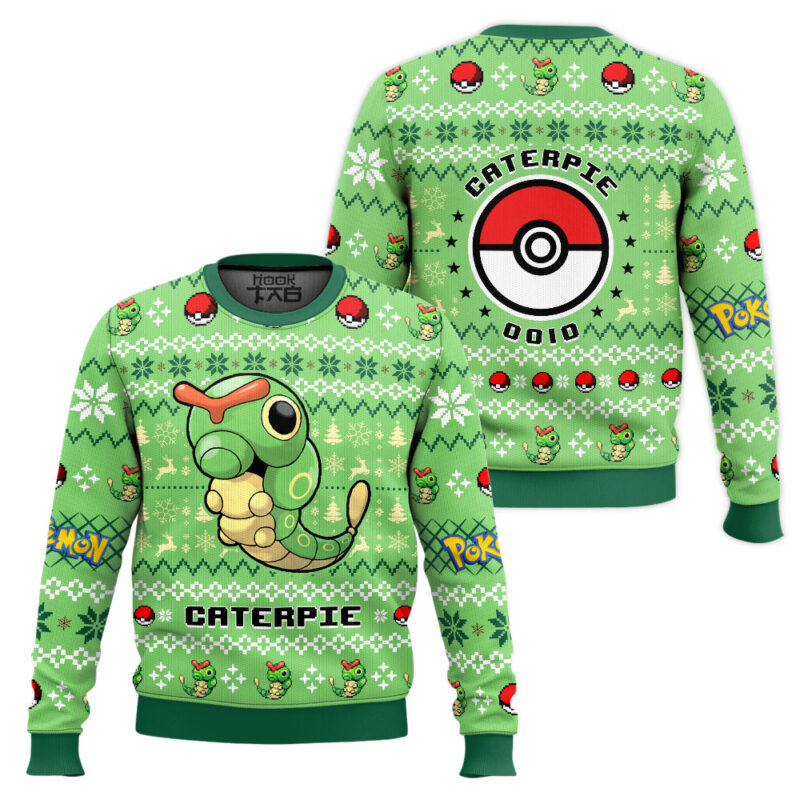 Hooktab Pokemon Gen 1 Caterpie Ugly Christmas Sweater Hooktab Pokemon Gen 1 Caterpie Ugly Christmas Sweater