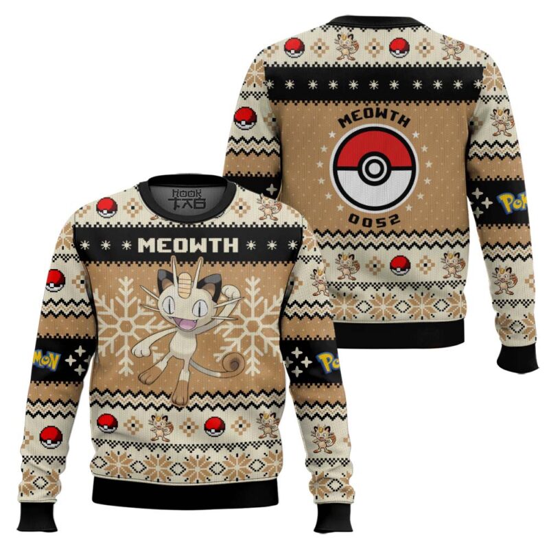 Hooktab Pokemon Gen 1 Meowth Ugly Christmas Sweater Hooktab Pokemon Gen 1 Meowth Ugly Christmas Sweater