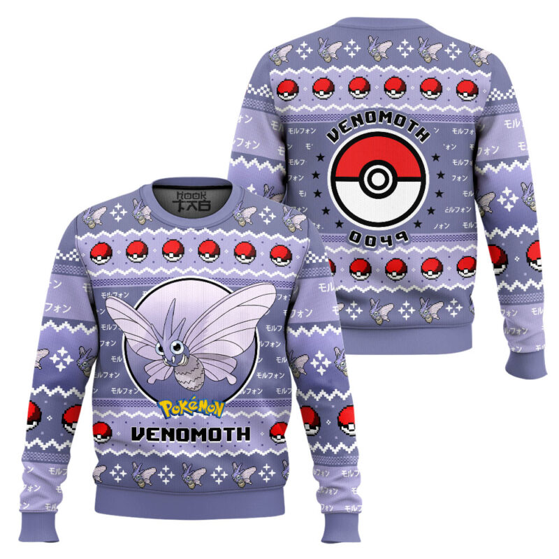 Hooktab Pokemon Gen 1 Venomoth Ugly Christmas Sweater Hooktab Pokemon Gen 1 Venomoth Ugly Christmas Sweater