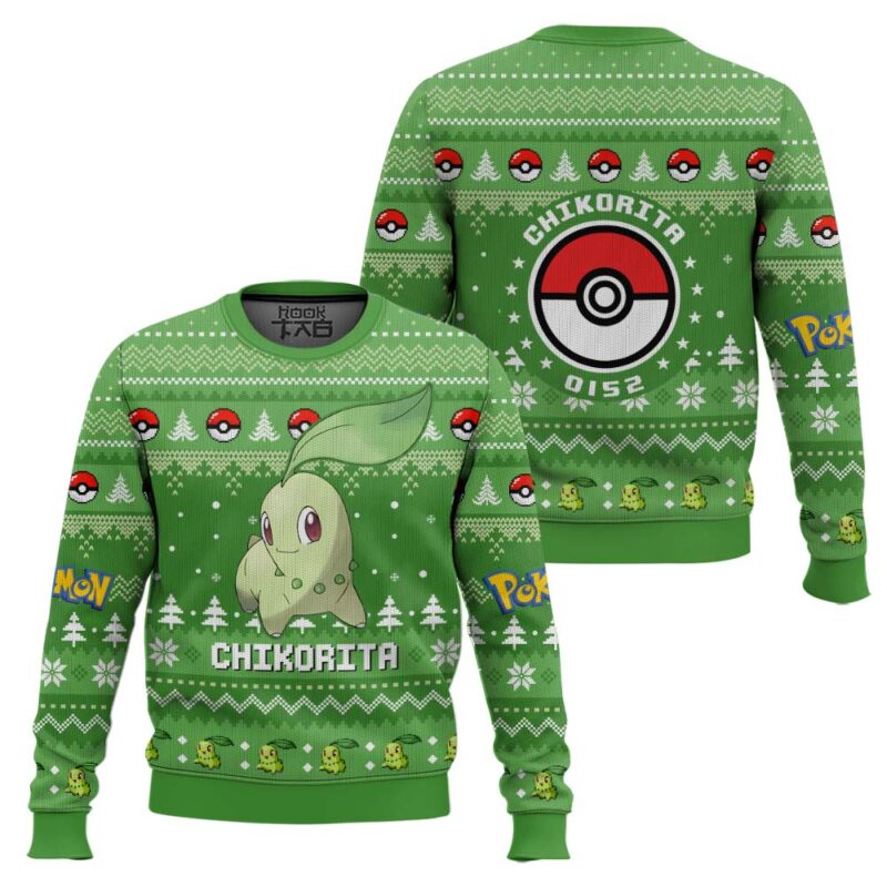 Hooktab Pokemon Gen 2 Chikorita Ugly Christmas Sweater Hooktab Pokemon Gen 2 Chikorita Ugly Christmas Sweater
