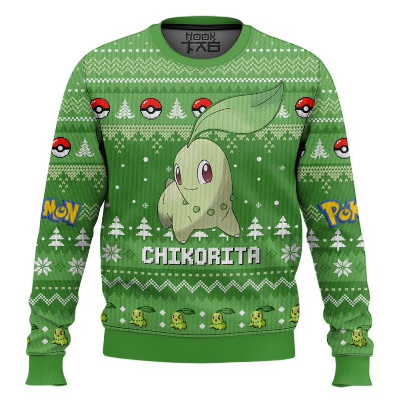 Hooktab Pokemon Gen 2 Chikorita Ugly Christmas Sweater Hooktab Pokemon Gen 2 Chikorita Ugly Christmas Sweater